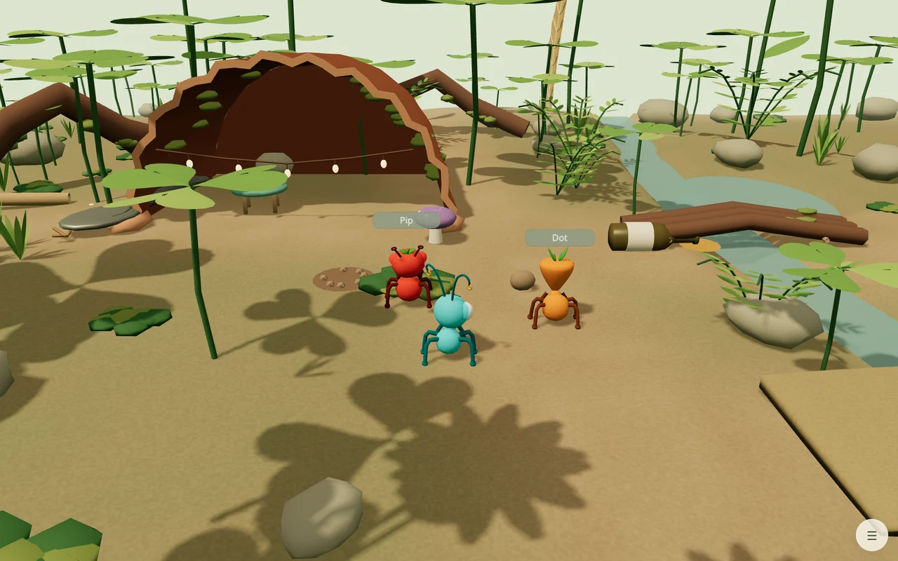 Three players in one private session in Flowerpot Commons, beside the flowerpot and the creek.