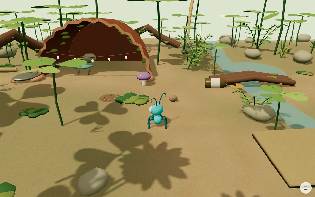 A small ant in Flowerpot Commons, dwarfed by a hollow flowerpot, clover stems, and a creek.