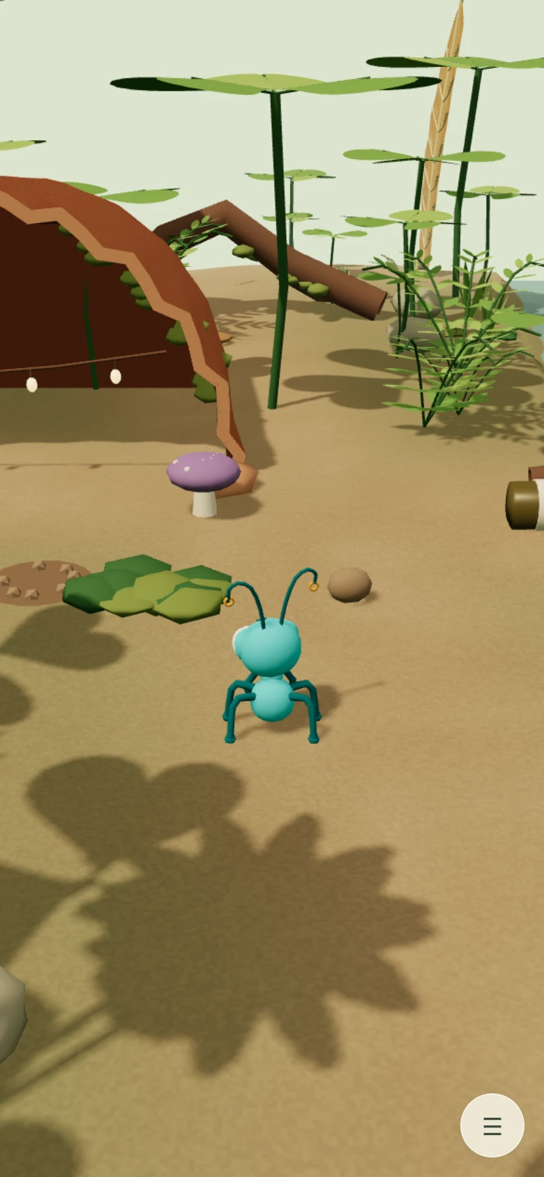 Flowerpot Commons on a phone, with the ant in the garden and a single menu button.