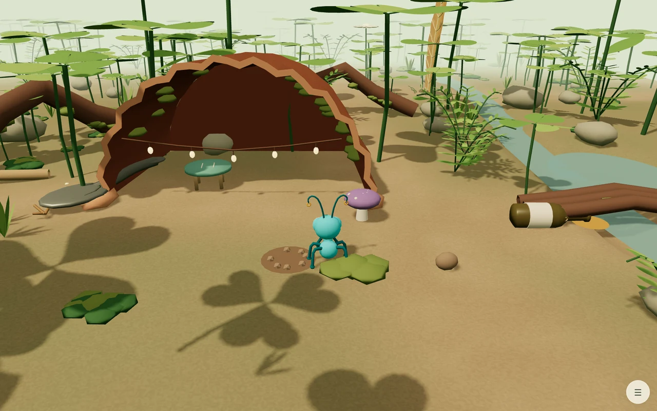 An ant in front of the hollow flowerpot, next to a purple mushroom, with the creek to the right.